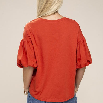Simple Solid Cute Round Neckline Bubble Short Sleeve Fashion Top Shirt - Accessoriesforever
