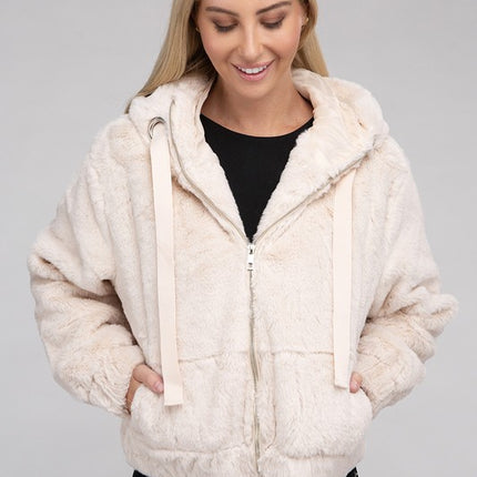 Plush Cropped Teddy Hoodie with Zip-Up Front and Drawstring Hood