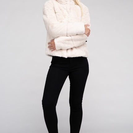 Fluffy Zip-Up Sweater Jacket with Collar and Pockets