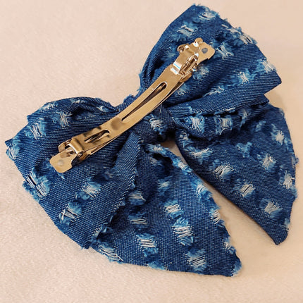 Bold Retro Distressed Jean Bow Design Hair Clip