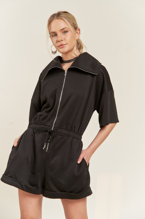 High Neck French Terry Zip Romper with Side Pockets