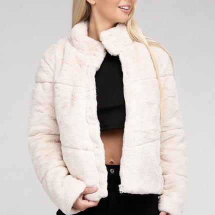 Fluffy Zip-Up Sweater Jacket with Collar and Pockets