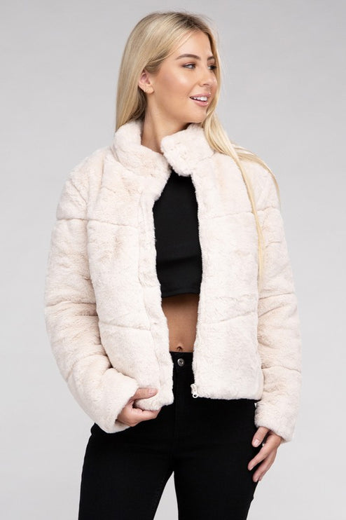 Fluffy Zip-Up Sweater Jacket with Collar and Pockets