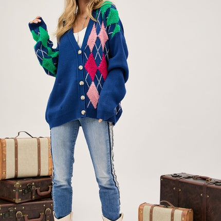 Cozy Argyle Pattern Design Button Front Loose Fit Knit Sweater Cardigan - Accessoriesforever