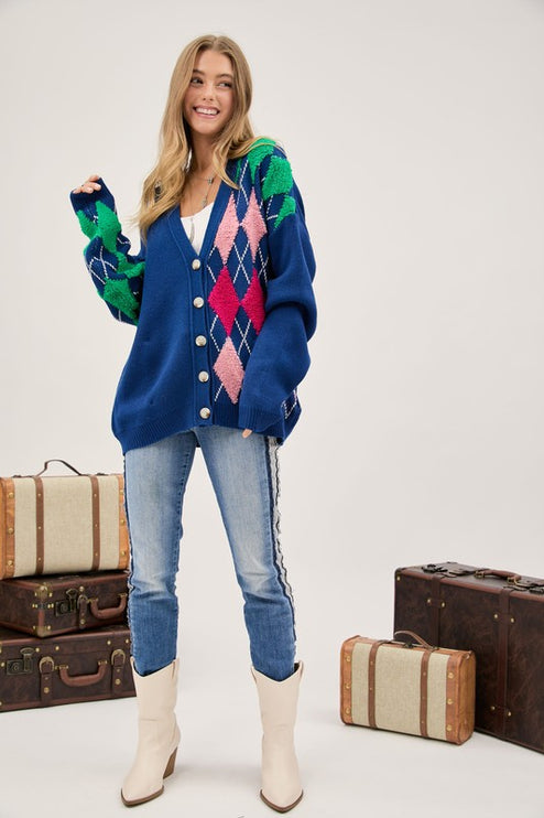 Cozy Argyle Pattern Design Button Front Loose Fit Knit Sweater Cardigan - Accessoriesforever
