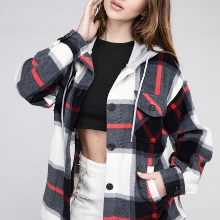 Comfy Casual Plaid Drawstring Hooded Fleece Shacket - Accessoriesforever