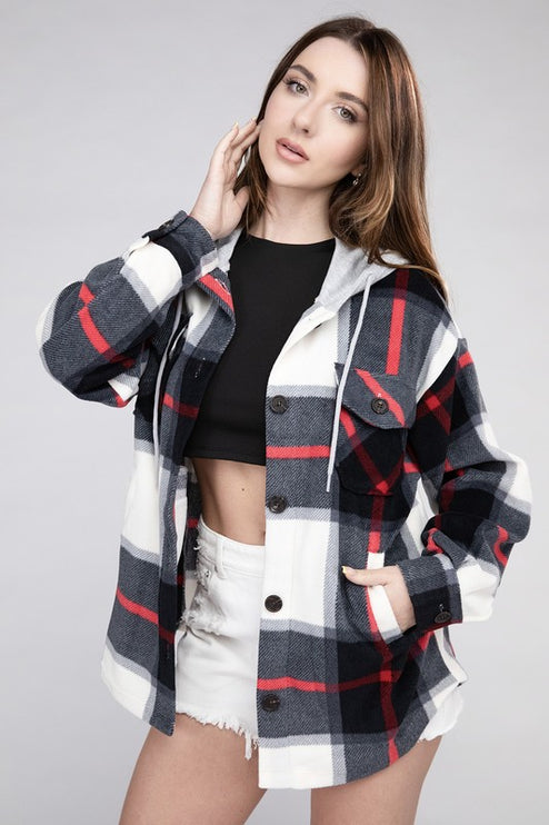 Comfy Casual Plaid Drawstring Hooded Fleece Shacket