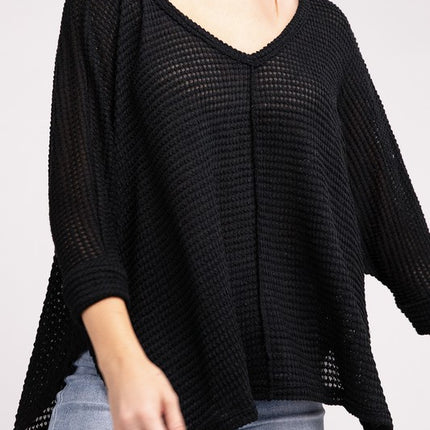 Chic Elegant Trendy 3/4 Sleeve V-Neck Hi-Low Hem Jacquard Sweater - Accessoriesforever