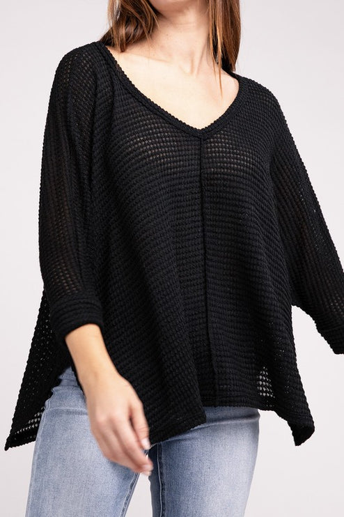 Chic Elegant Trendy 3/4 Sleeve V-Neck Hi-Low Hem Jacquard Sweater