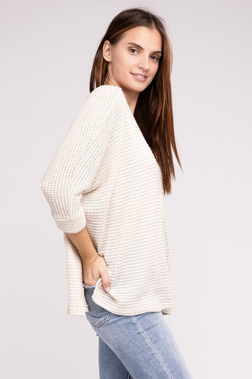 Chic Elegant Trendy 3/4 Sleeve V-Neck Hi-Low Hem Jacquard Sweater