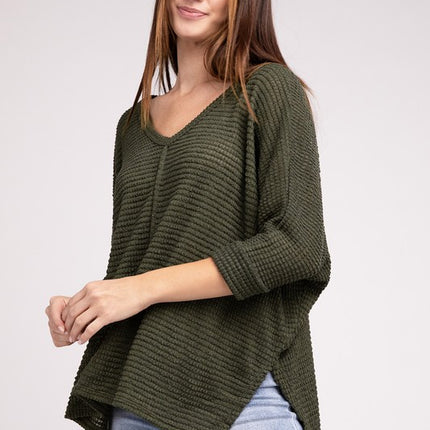 Chic Elegant Trendy 3/4 Sleeve V-Neck Hi-Low Hem Jacquard Sweater - Accessoriesforever