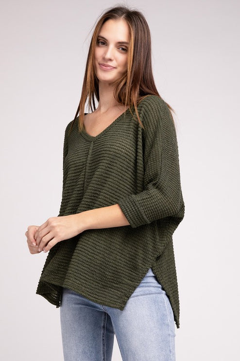 Chic Elegant Trendy 3/4 Sleeve V-Neck Hi-Low Hem Jacquard Sweater