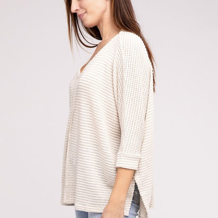 Chic Elegant Trendy 3/4 Sleeve V-Neck Hi-Low Hem Jacquard Sweater - Accessoriesforever