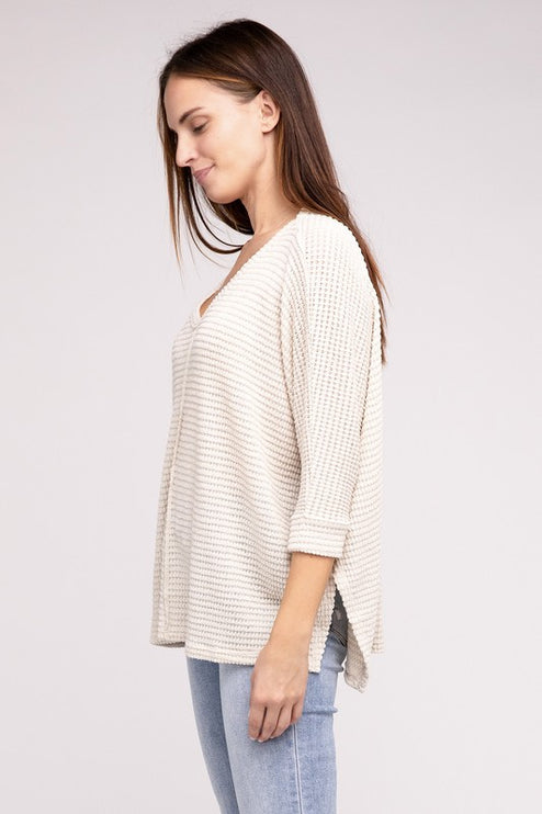 Chic Elegant Trendy 3/4 Sleeve V-Neck Hi-Low Hem Jacquard Sweater