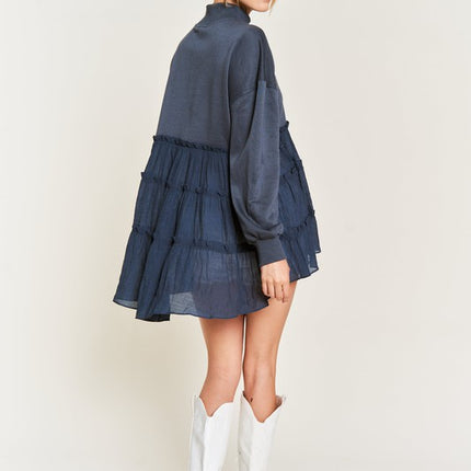 Oversized Mock Neck Tunic with Shirred Woven Tier