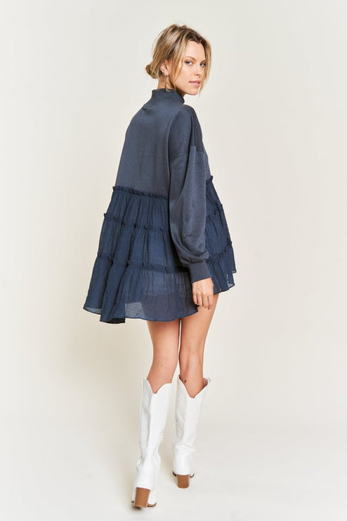 Oversized Mock Neck Tunic with Shirred Woven Tier - Accessoriesforever