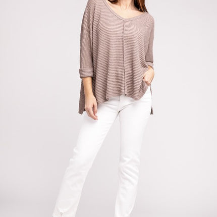 Chic Elegant Trendy 3/4 Sleeve V-Neck Hi-Low Hem Jacquard Sweater - Accessoriesforever
