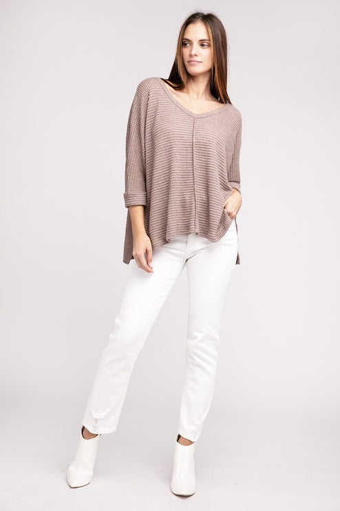 Chic Elegant Trendy 3/4 Sleeve V-Neck Hi-Low Hem Jacquard Sweater