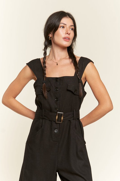 Linen Blend Jumpsuit with Belt and Multiple Pockets - Accessoriesforever
