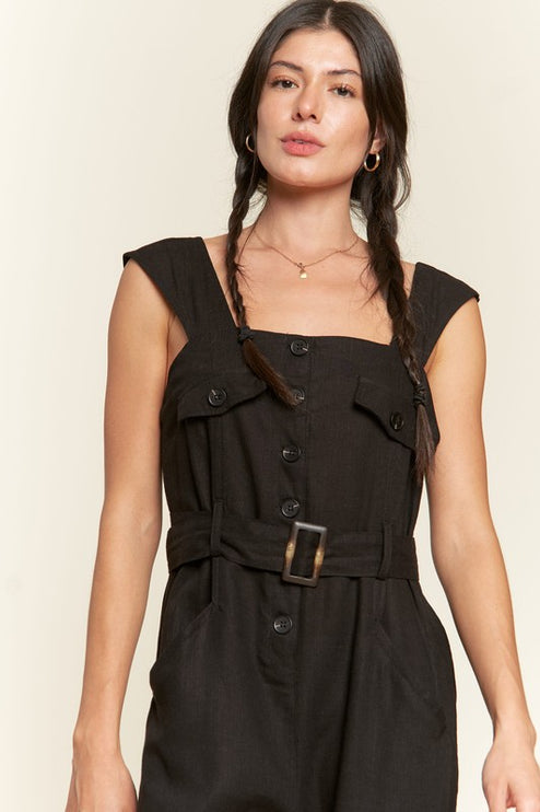 Linen Blend Jumpsuit with Belt and Multiple Pockets - Accessoriesforever
