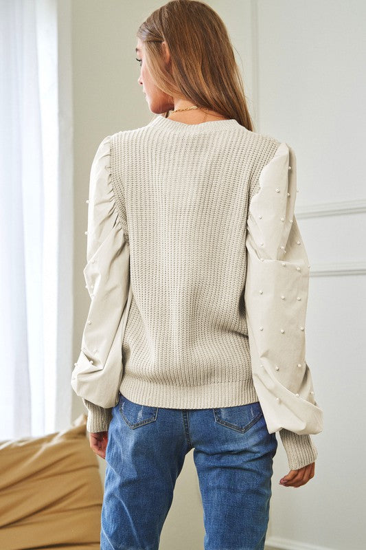 Beautiful Elegant Pearl Decorated Ballon Sleeve Top Sweater