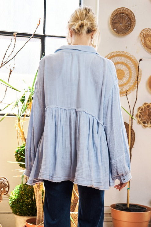 Relaxed Gauze Button-Down Shirt with Raw Edges and Flowy Fit