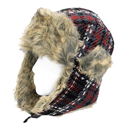 Plaid Design Faux Fur Trooper Aviator Trapper Cold Weather Winter Ski Cap Hat