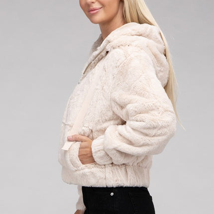 Plush Cropped Teddy Hoodie with Zip-Up Front and Drawstring Hood