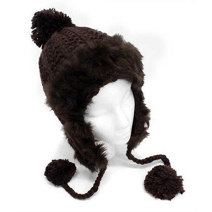 Rabbit Fur Trimmed Knit Trooper Style Pom Pom Hat - Accessoriesforever
