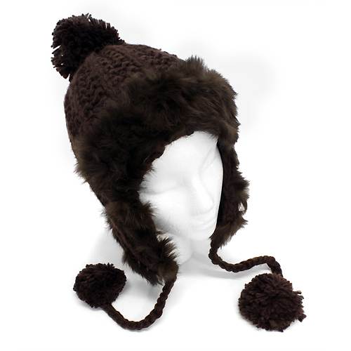 Rabbit Fur Trimmed Knit Trooper Style Pom Pom Hat - Accessoriesforever