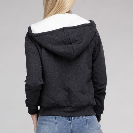 Cropped Fuzzy-Lined Zip-Up Hoodie with Long Sleeves