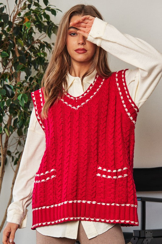 Fashion V-Neck Sleeveless Pocket Detail Design Knit Sweater Vest