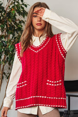 Fashion V-Neck Sleeveless Pocket Detail Design Knit Sweater Vest