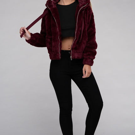Plush Cropped Teddy Hoodie with Zip-Up Front and Drawstring Hood