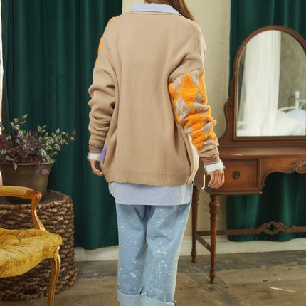 Cozy Argyle Pattern Design Button Front Loose Fit Knit Sweater Cardigan - Accessoriesforever