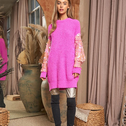 Beautiful Sequin Sleeve Design Tunic Top Knit Sweater - Accessoriesforever