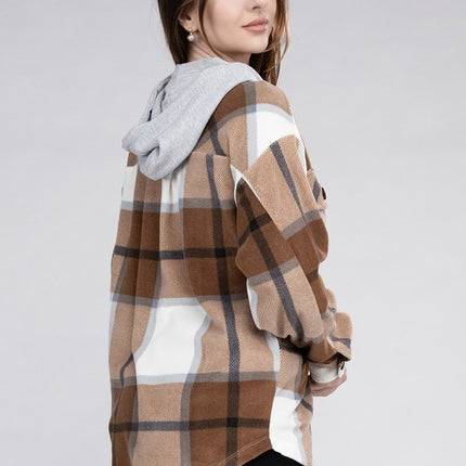 Comfy Casual Plaid Drawstring Hooded Fleece Shacket - Accessoriesforever