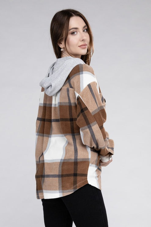 Comfy Casual Plaid Drawstring Hooded Fleece Shacket