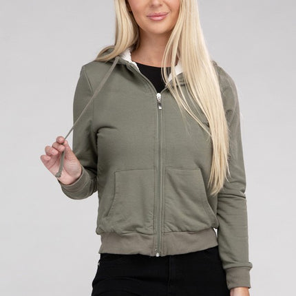 Cropped Fuzzy-Lined Zip-Up Hoodie with Long Sleeves