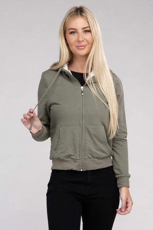 Cropped Fuzzy-Lined Zip-Up Hoodie with Long Sleeves