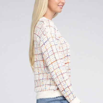 Cute Plaid Pattern Textured Fancy Fashion Knit Top Sweater - Accessoriesforever