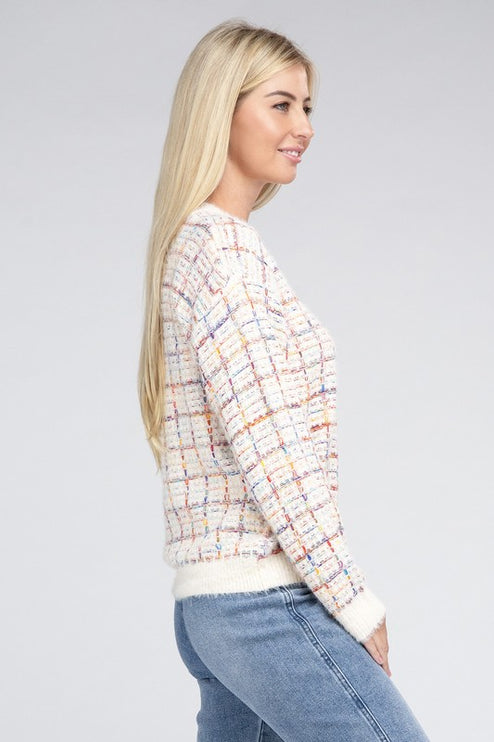 Cute Plaid Pattern Textured Fancy Fashion Knit Top Sweater - Accessoriesforever