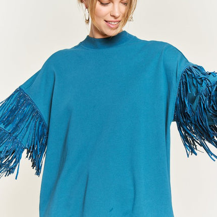 Western-Inspired Oversized Pullover with Suede Fringe and Stud Trim