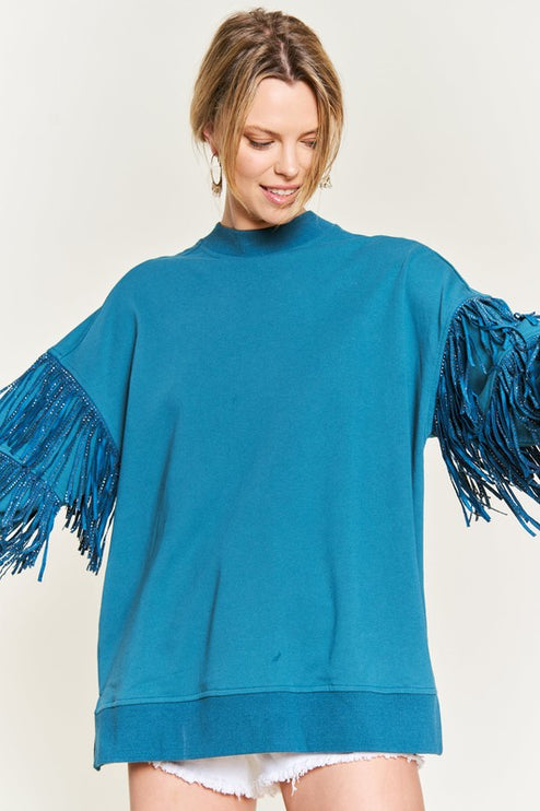 Western-Inspired Oversized Pullover with Suede Fringe and Stud Trim - Accessoriesforever