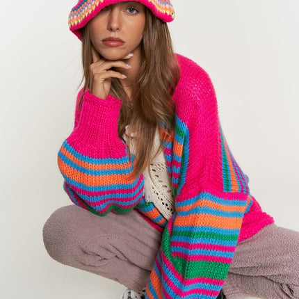 Cozy Stylish Stripe Design Open Knit Fashion Top Sweater Cardigan - Accessoriesforever