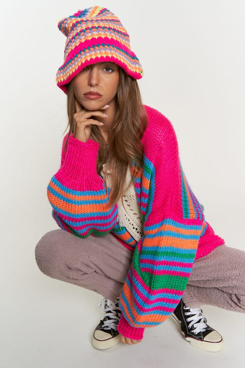 Cozy Stylish Stripe Design Open Knit Fashion Top Sweater Cardigan - Accessoriesforever