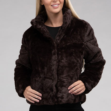 Fluffy Zip-Up Sweater Jacket with Collar and Pockets