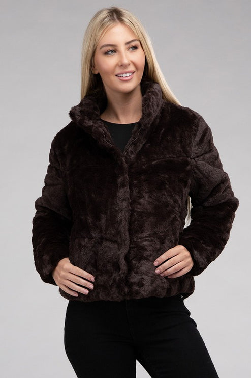 Fluffy Zip-Up Sweater Jacket with Collar and Pockets