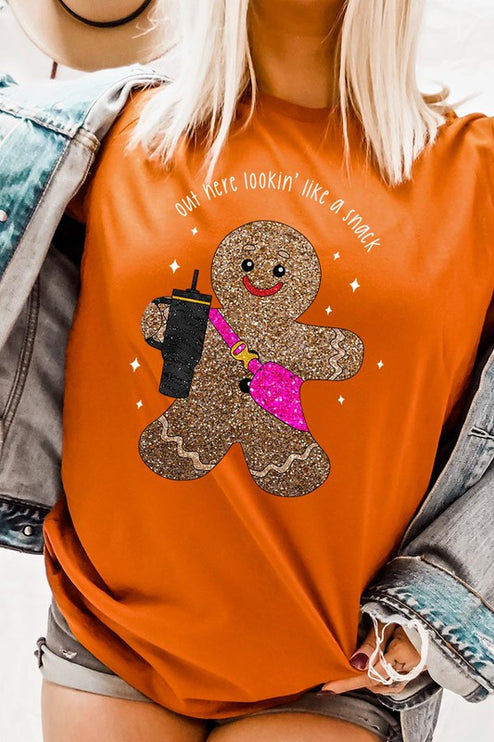 Snack-Looking Sparkly Gingerbread Christmas Holiday Unisex Short Sleeve Graphic Tee T-Shirt - Accessoriesforever