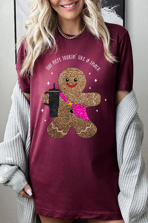 Snack-Looking Sparkly Gingerbread Christmas Holiday Unisex Short Sleeve Graphic Tee T-Shirt - Accessoriesforever